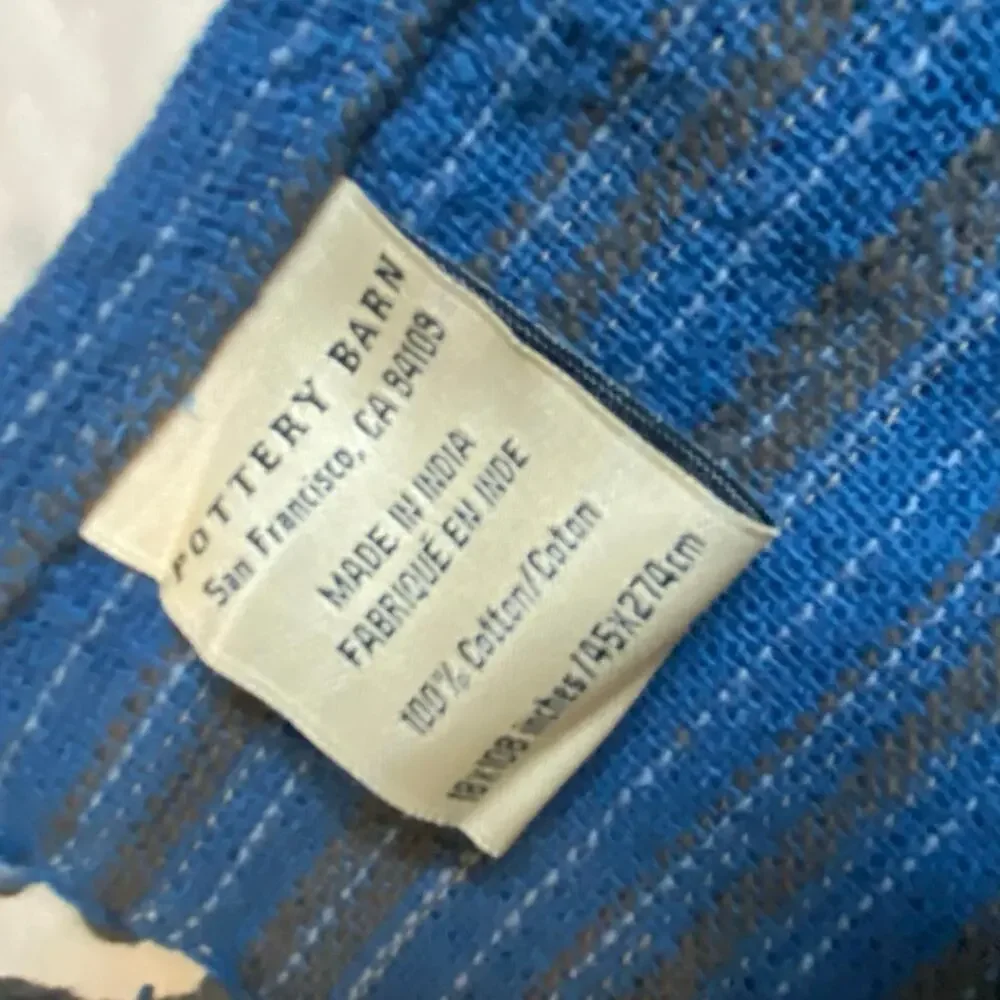 Vintage Blue‎ Brown striped Cotton Fringed 18 x 108 POTTERY BARN Table Runner